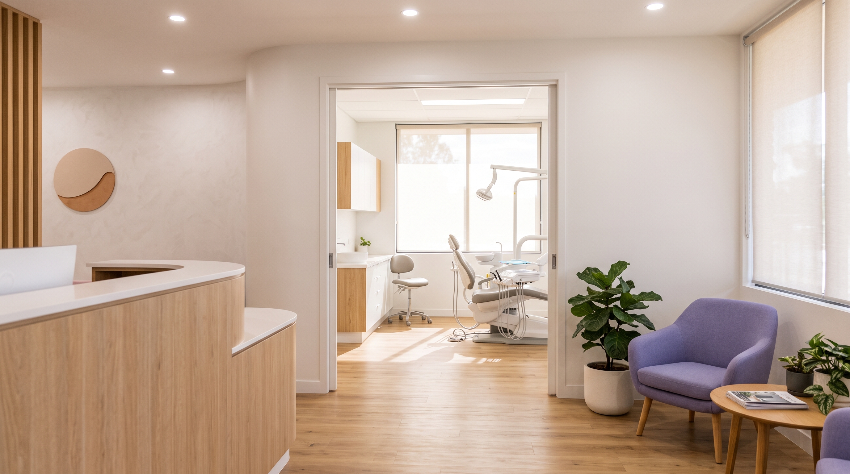 A bright dental reception area looking toward a ready treatment room, with a purple accent chair
