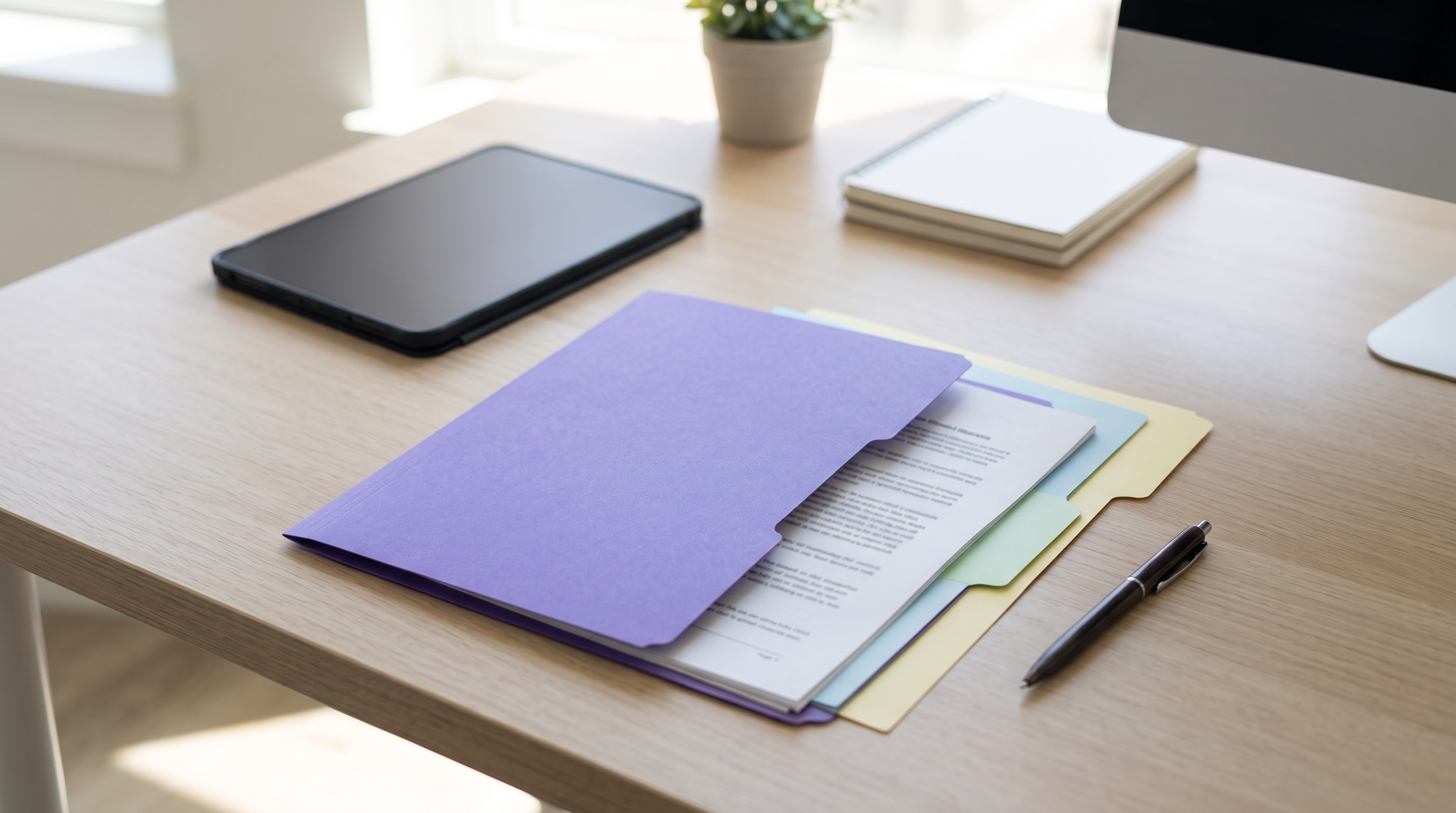 A short report in a purple folder on a practice-owner desk beside a tablet and pen