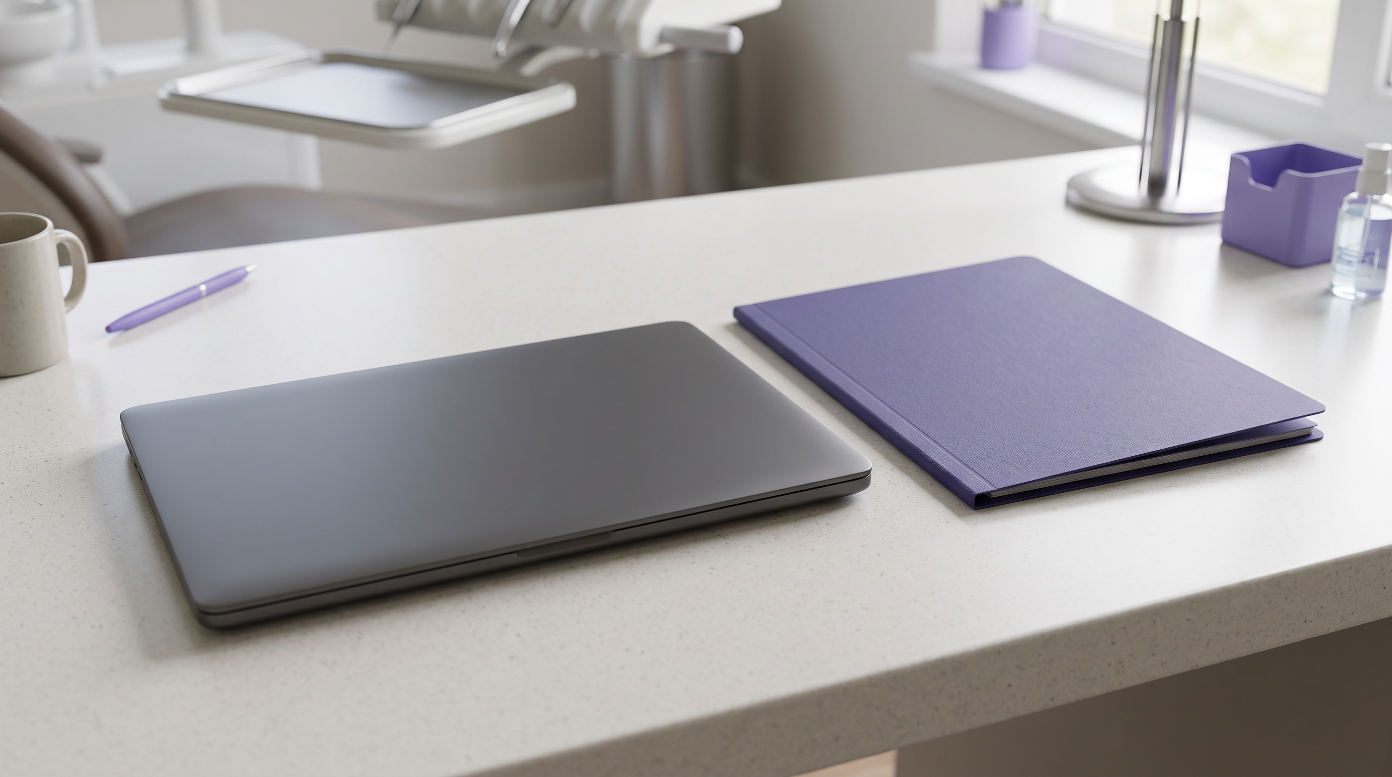 A closed laptop beside a closed purple document folder on a clean dental office desk