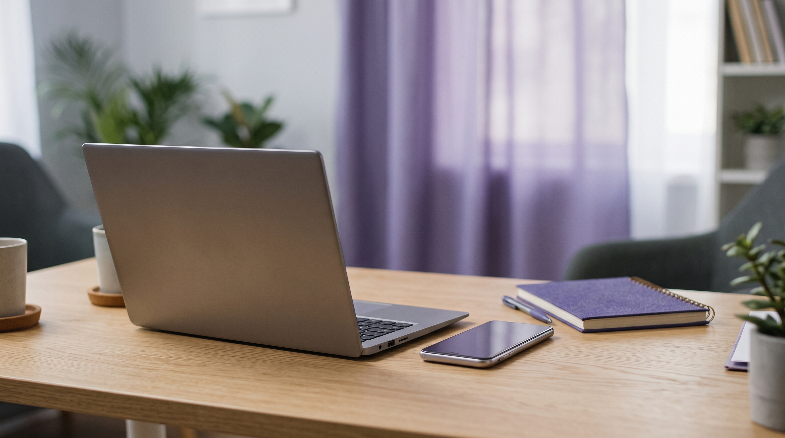 Laptop and phone on a light oak desk in a calm clinic office, with a purple curtain and notebook