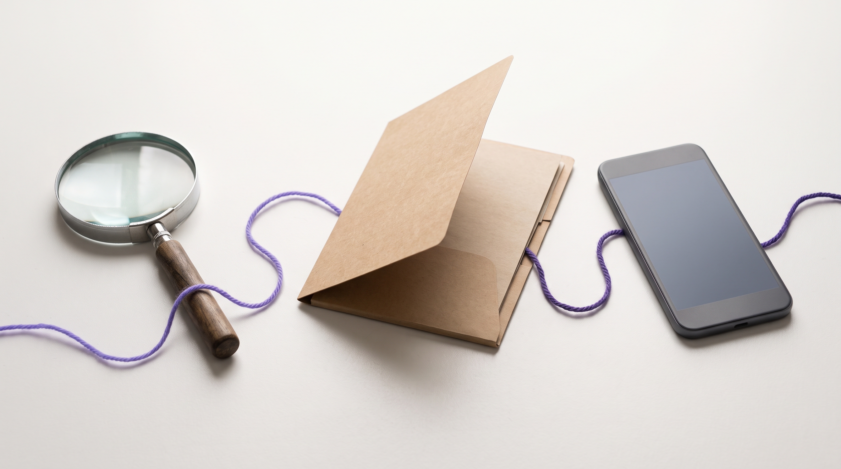 A magnifying glass, an open folder, and a phone connected by a purple thread