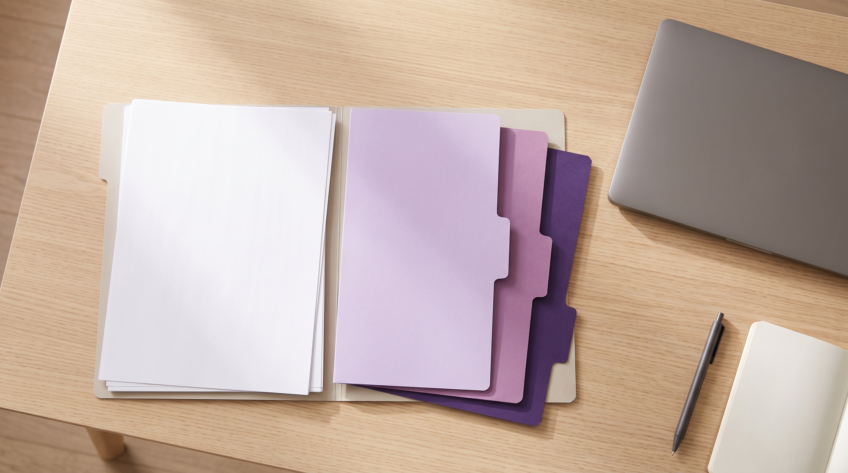 An open planning folder with three purple dividers beside a closed laptop