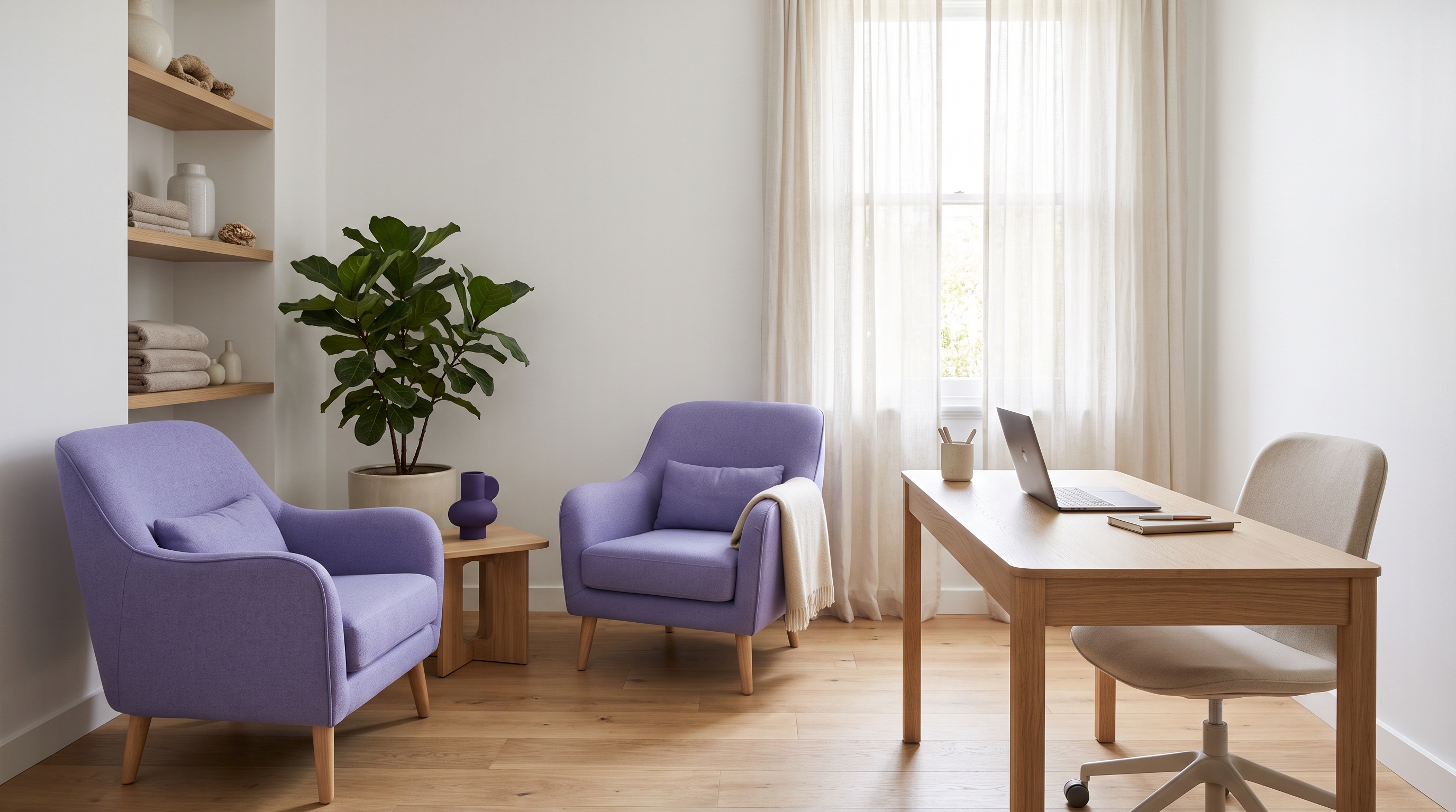 A med spa consultation room with two purple chairs, a clean desk, and soft window light