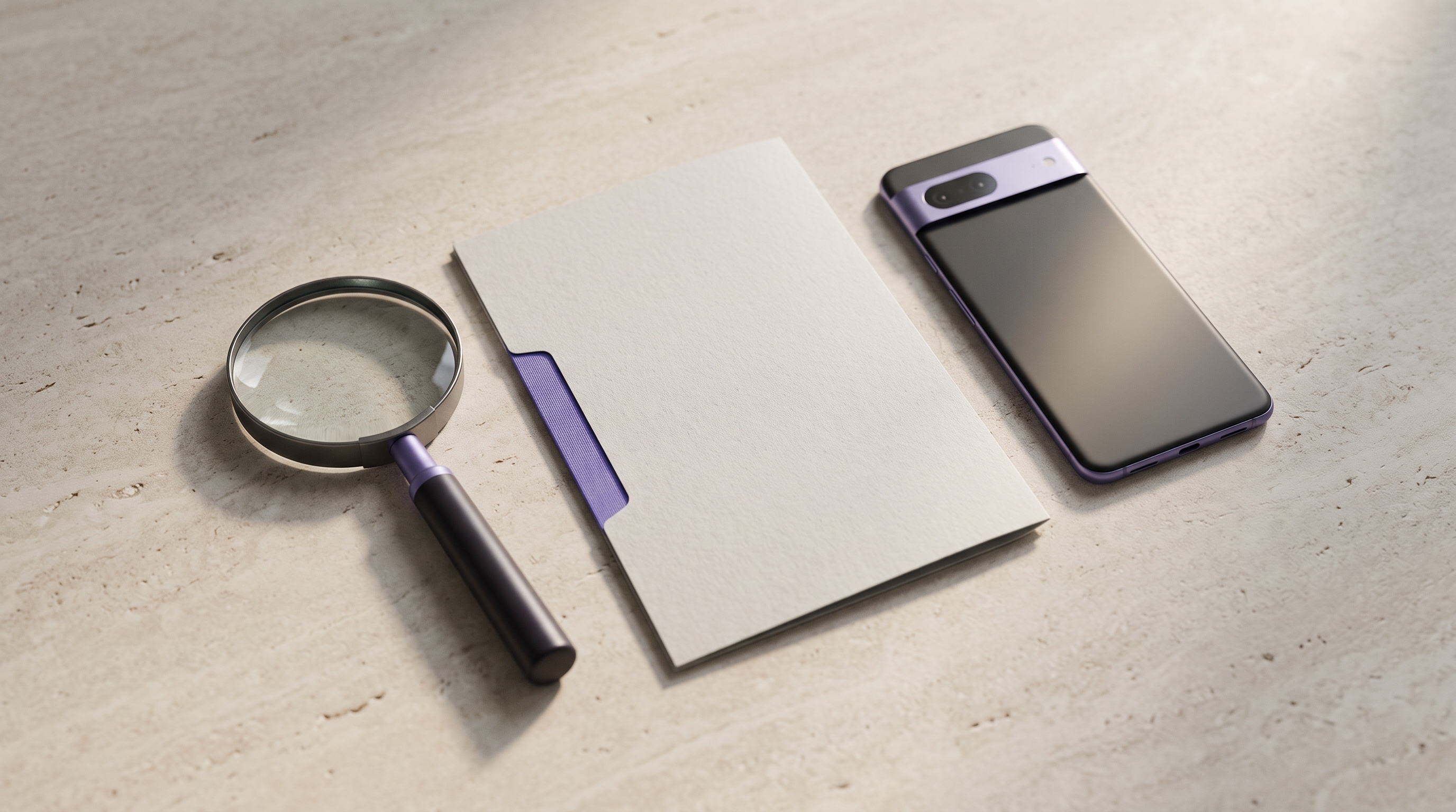 A magnifying glass, a plain consultation folder with a purple tab, and a phone on a light stone surface